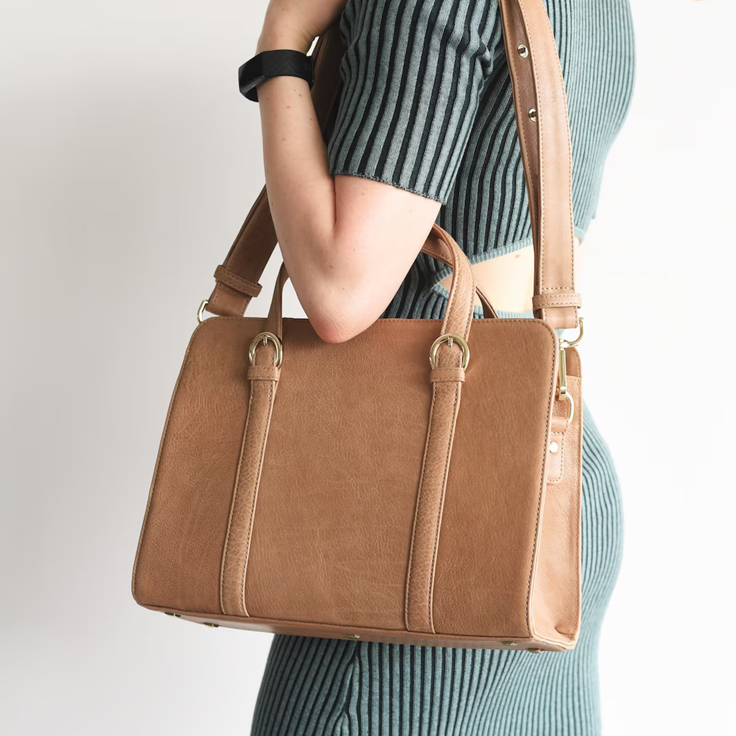 Vintage Tan Natural Grain Structured Rectangular Handbag With D-Ring Top Carry Loops, Detachable Wide Shoulder Strip And Base Protective Metal Studs
