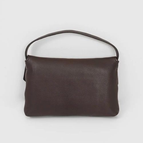 Chocolate Brown Fine Grain Soft Rectangular Mini Handbag With Teardrop Cutout Dome Snap Flap And Slim Curved Single Carry Loop