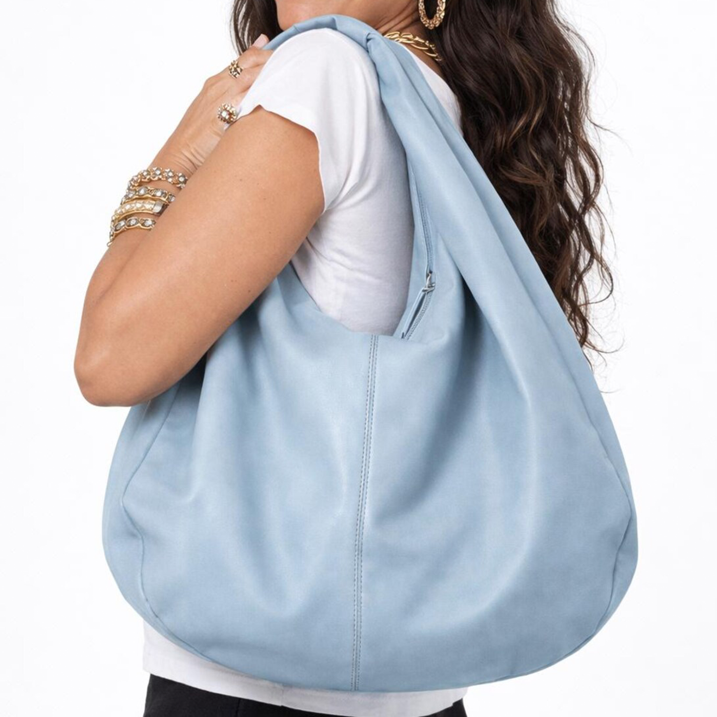 Pastel Baby Blue Smooth Supple Oversized Crescent Hobo Bag With Integrated Wide Shoulder Loop And Inner Curve Metallic Zip Closure