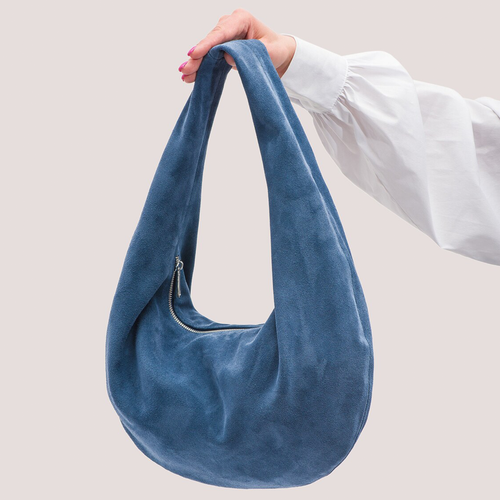 Indigo Blue Matte Fuzzy Oversized Crescent Hobo Pouch With Wide Seamless Shoulder Loop And Full Horizontal Metallic Zip Closure
