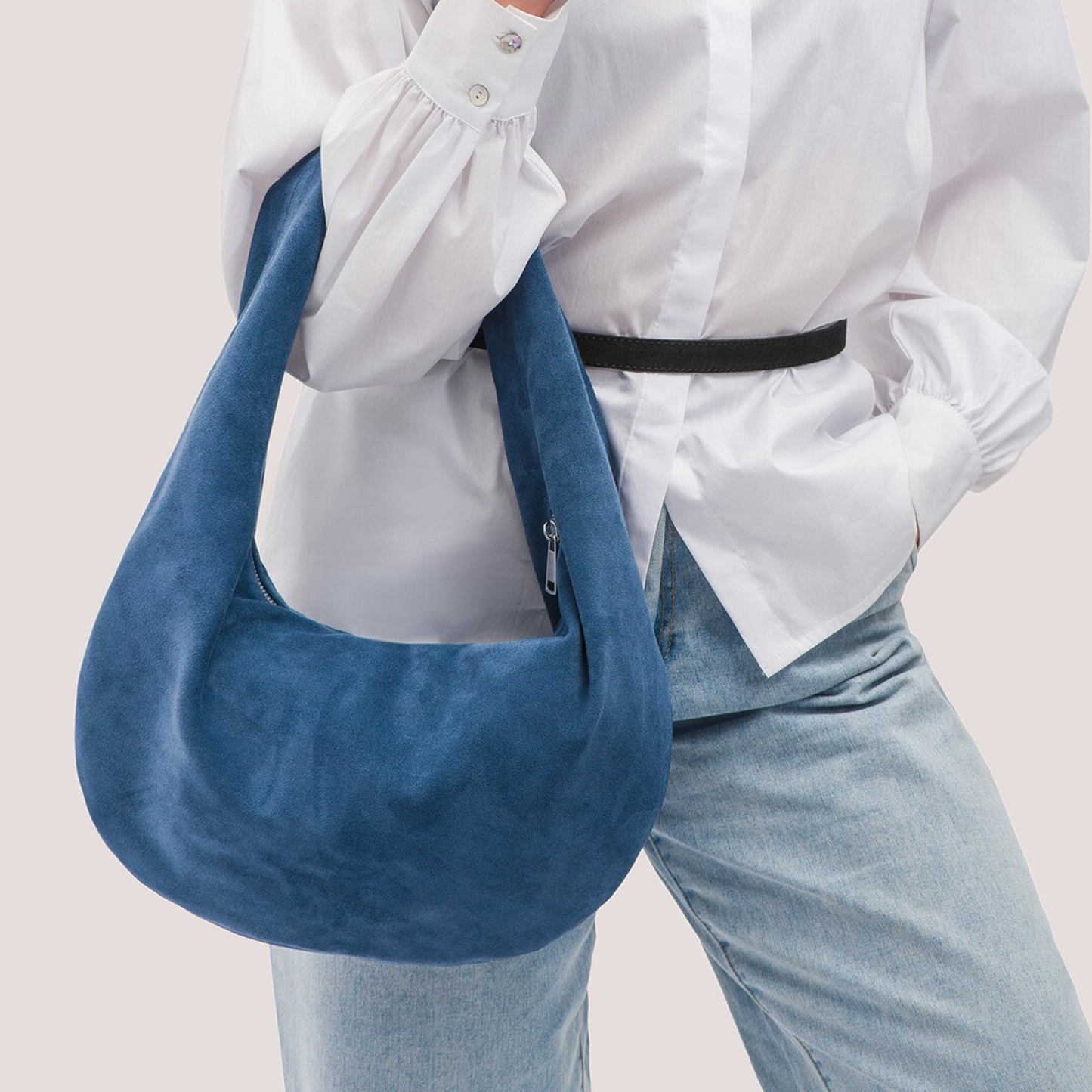 Indigo Blue Matte Fuzzy Oversized Crescent Hobo Pouch With Wide Seamless Shoulder Loop And Full Horizontal Metallic Zip Closure