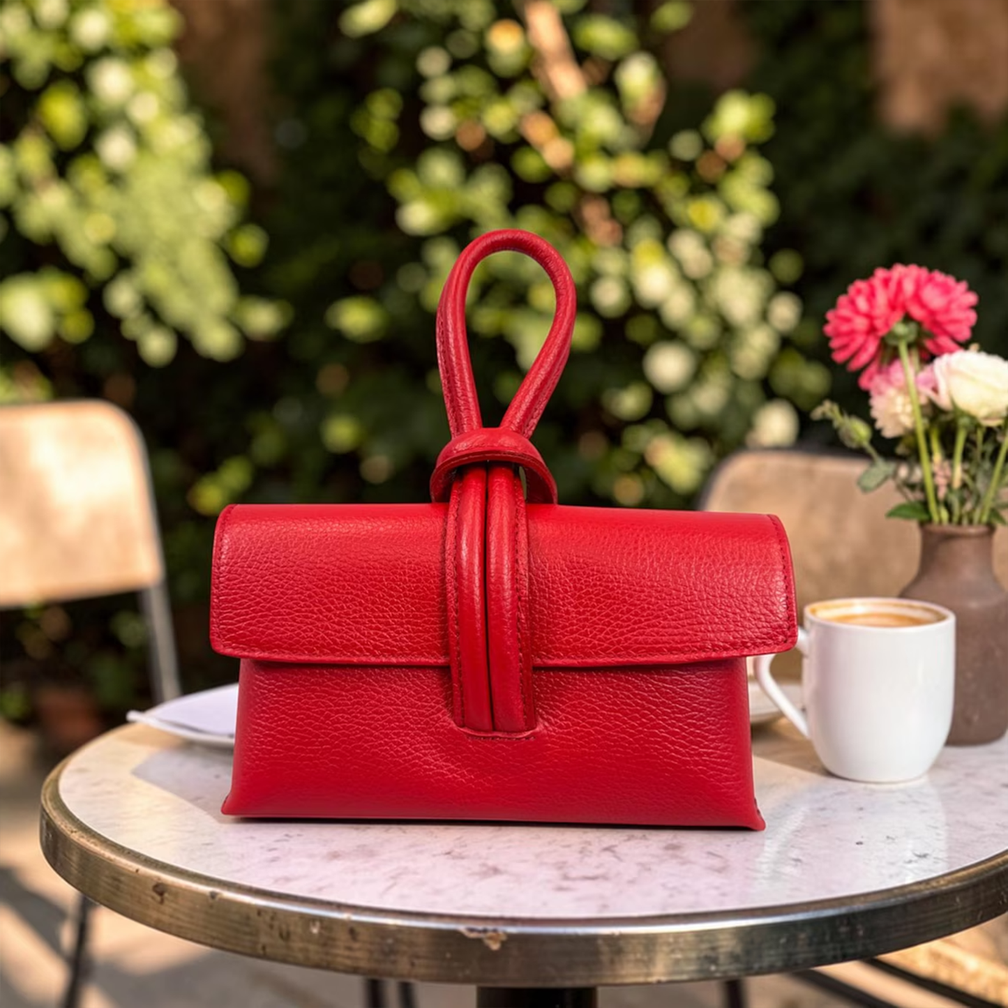 Grain Rectangular Wrist Clutch With Sculptural Knotted Loop Handle And Full Overlay Flap Closure