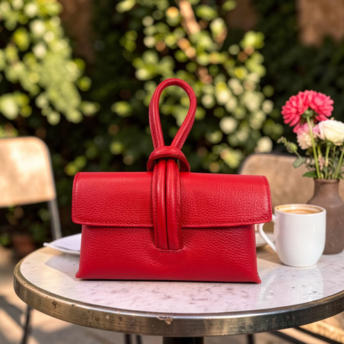 Grain Rectangular Wrist Clutch With Sculptural Knotted Loop Handle And Full Overlay Flap Closure