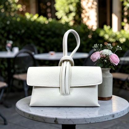 Grain Rectangular Wrist Clutch With Sculptural Knotted Loop Handle And Full Overlay Flap Closure