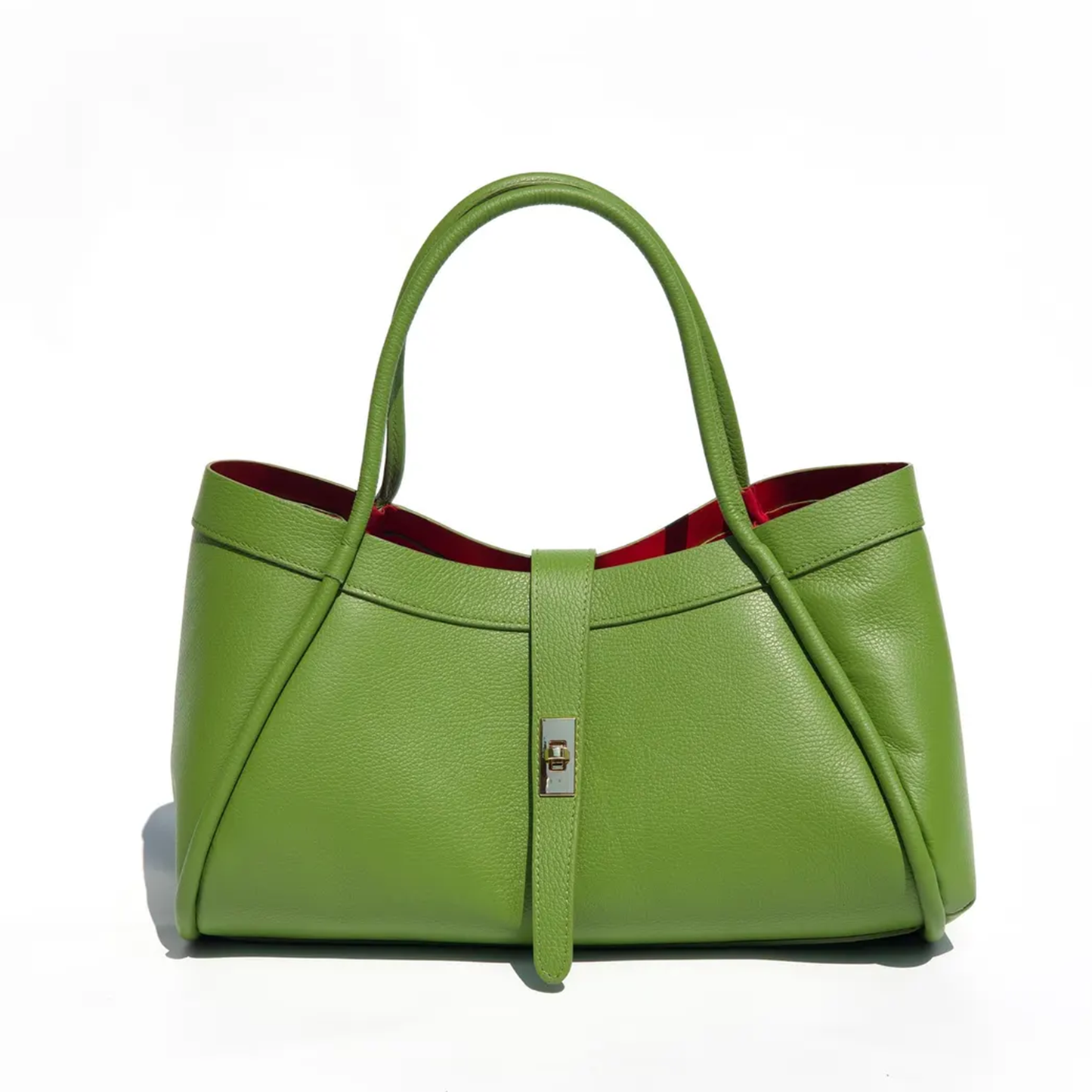 Grass Green Pebbled Grain Structured Tote With Scarlet Contrast Lining, Metallic Turn-Lock Front Strap And Dual Rounded Top Carry Handles