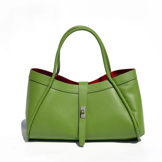 Grass Green Pebbled Grain Structured Tote With Scarlet Contrast Lining, Metallic Turn-Lock Front Strap And Dual Rounded Top Carry Handles