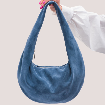 Indigo Blue Matte Fuzzy Oversized Crescent Hobo Pouch With Wide Seamless Shoulder Loop And Full Horizontal Metallic Zip Closure