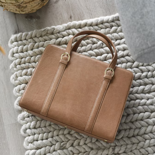 Vintage Tan Natural Grain Structured Rectangular Handbag With D-Ring Top Carry Loops, Detachable Wide Shoulder Strip And Base Protective Metal Studs